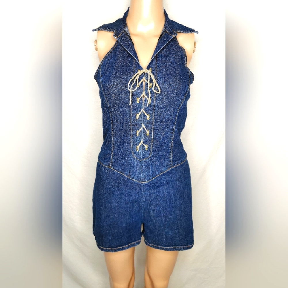 Heart Moon Star lace up halter neck denim romper